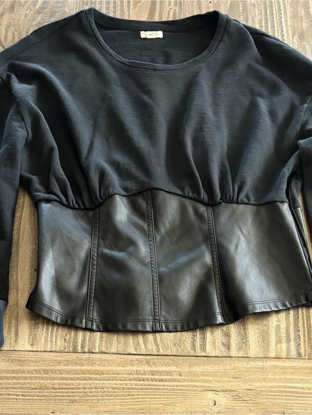 Anthropologie Black Faux Leather Peplum Sweatshirt Top